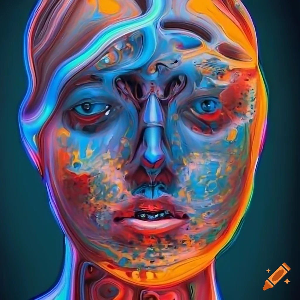 Biomechanoid woman face with metallic surfaces and abstract planetary system, oil paint