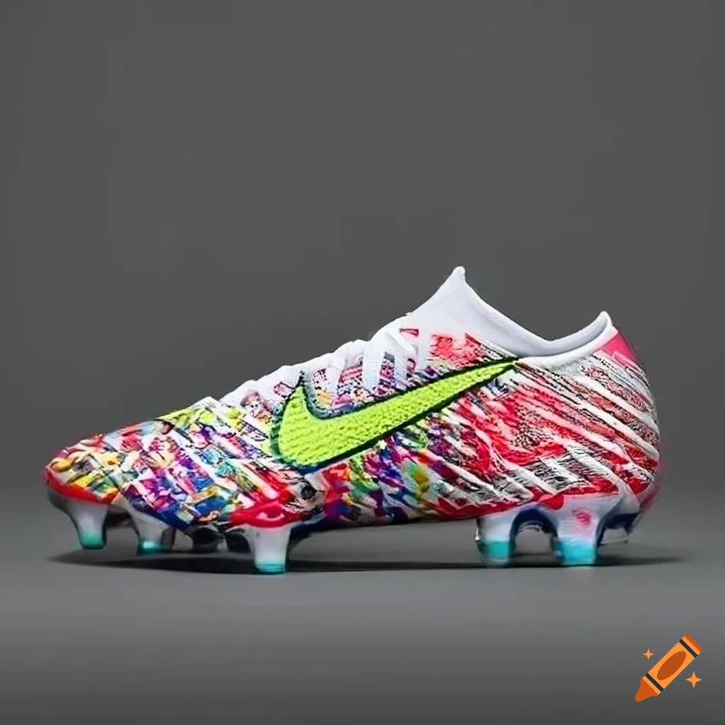 High-resolution Nike Mercurial soccer cleat with striking colored pattern and Swoosh symbol