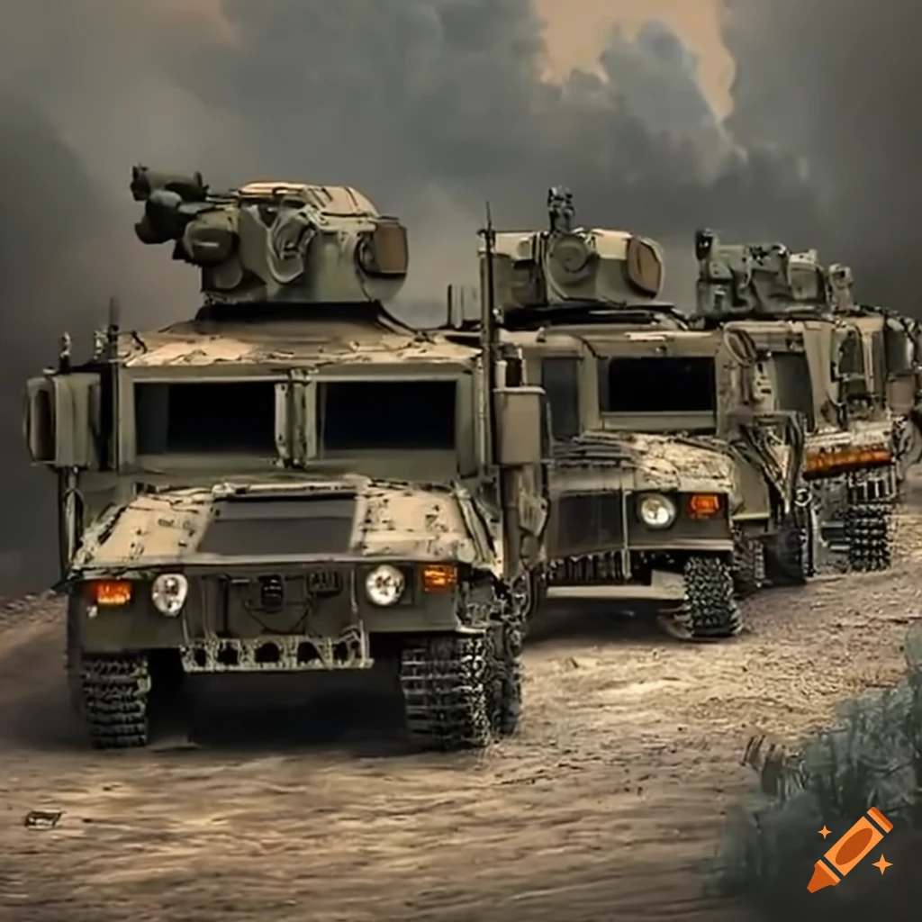 Military convoy with Humvees, tanks, and IFVs