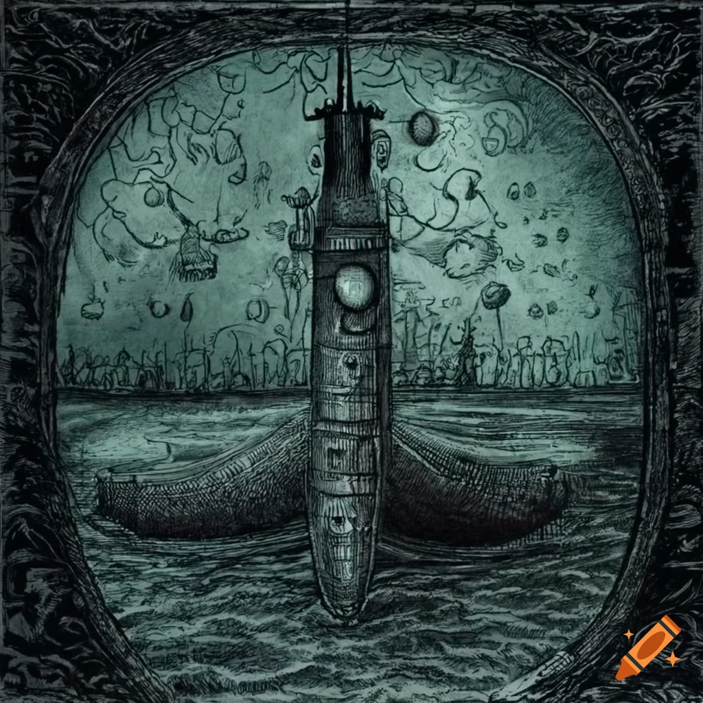 Edward Gorey's detailed submarine with candles, skulls, and mirrors creating a gloomy atmosphere