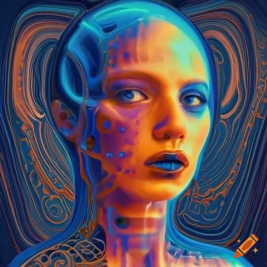 Abstract biomechanoid woman face in x-ray style with metallic surfaces