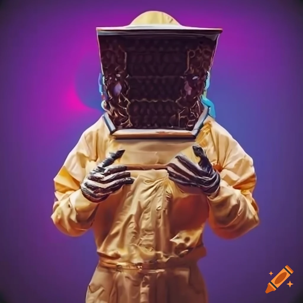 Beekeeper in vanilla Lyson beekeeping suit with bee hat in synthwave style