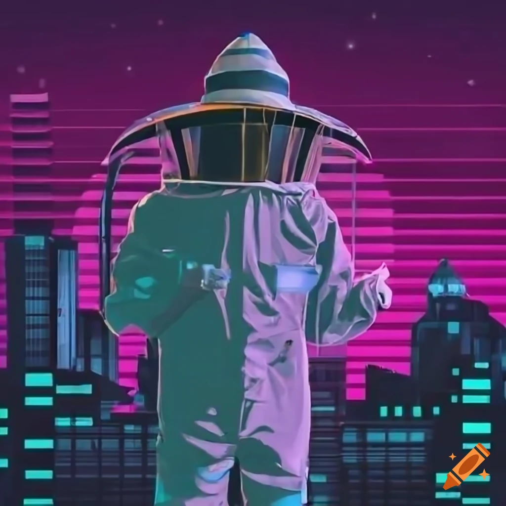 Slovak Beekeeper in lyson vanilla beekeeping suit with bee smoker in synthwave city background
