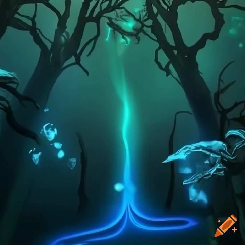 Biopunk paradise with glowing bioluminescent trees in a surreal forest