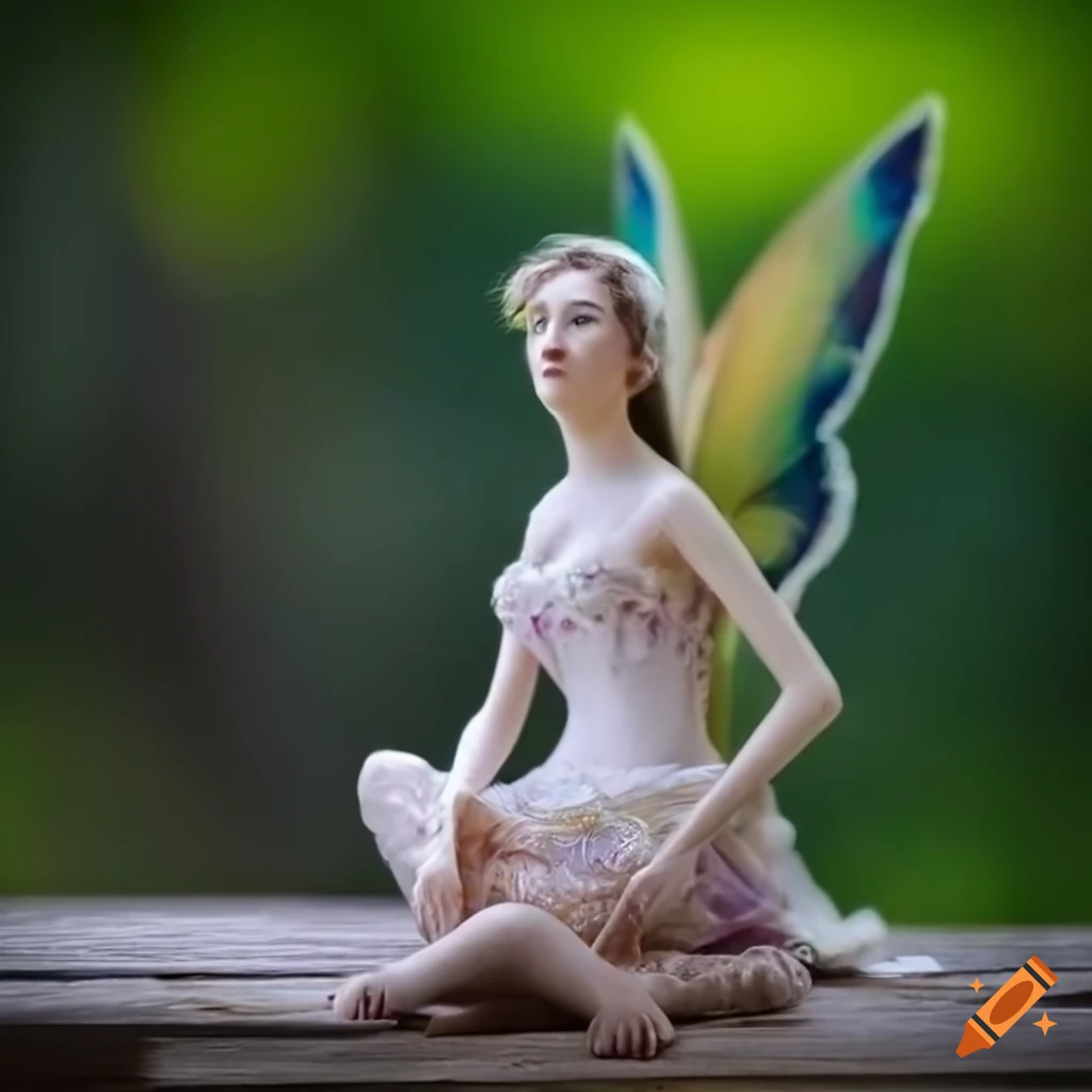 Macro photograph of a porcelain fairy goddess in an enchanted forest setting