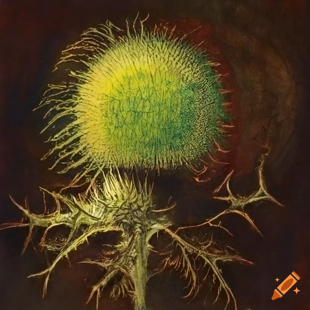 Green and yellow holy thistle with wide leaves and exposed roots in the style of Theodor Kittelsen and Odilon Redon
