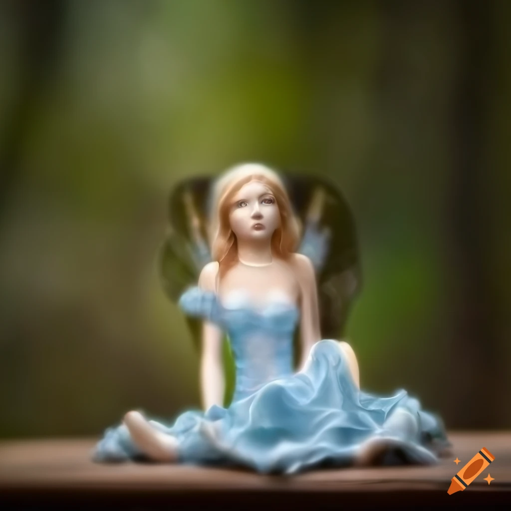 Macro photograph of a porcelain fairy goddess in an enchanted forest setting