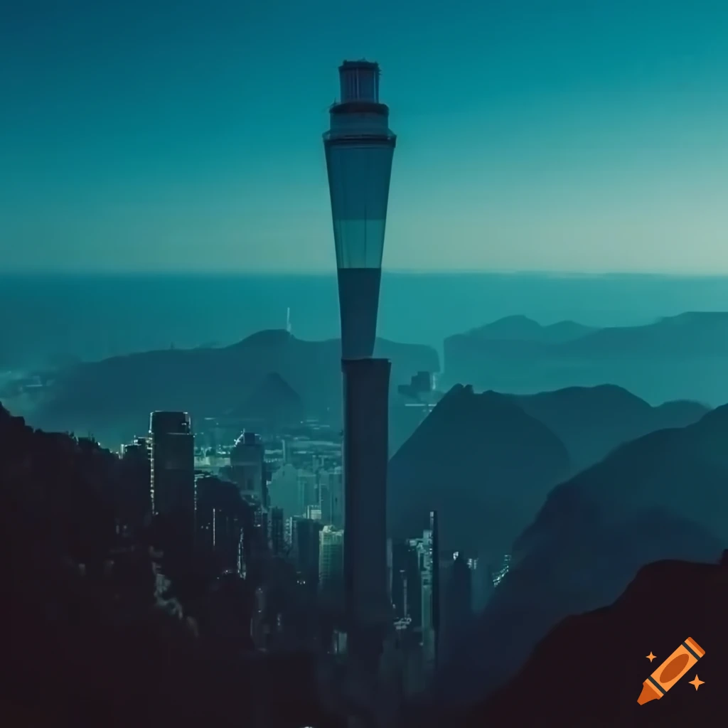 Wide view of metropolis city with giant glass tower and surrounding skyscrapers