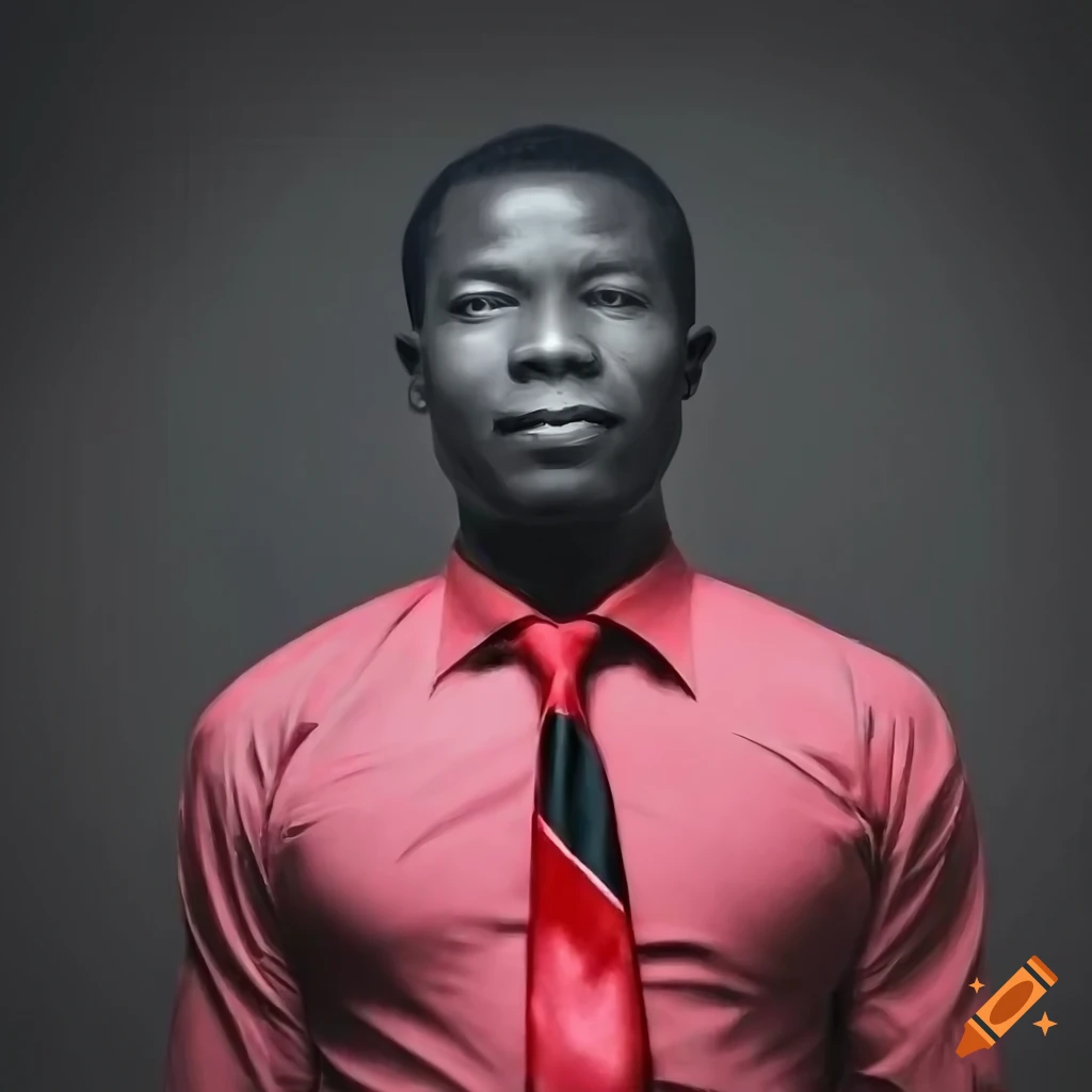 African man in red dress shirt and black necktie under dramatic lighting