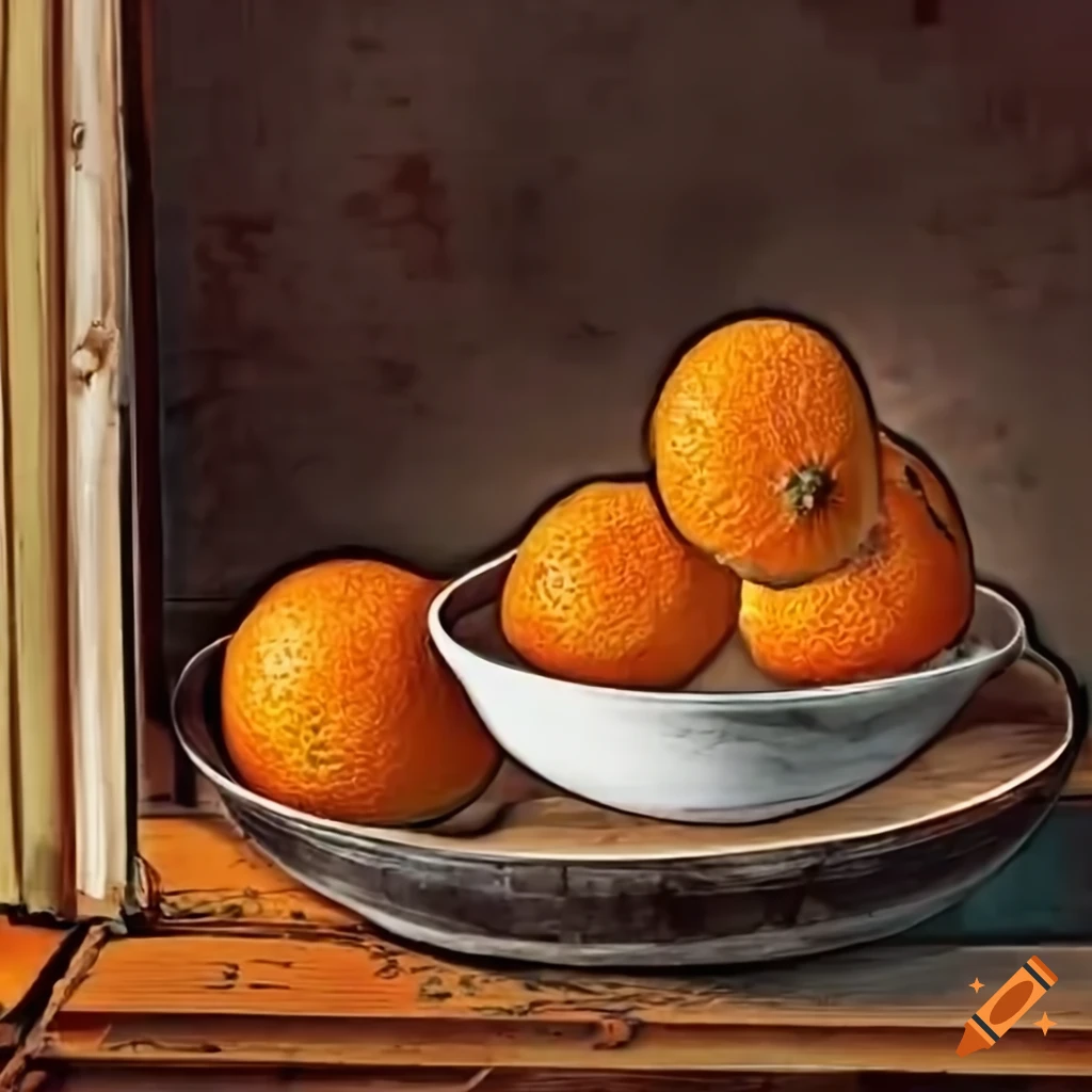Bowl of rotting oranges on a wooden table by a window