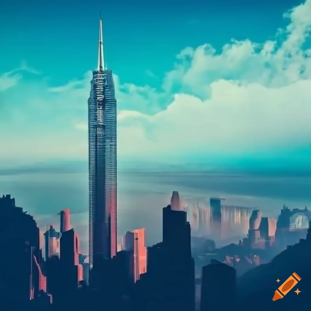 Wide view of metropolis city with giant glass tower and surrounding skyscrapers