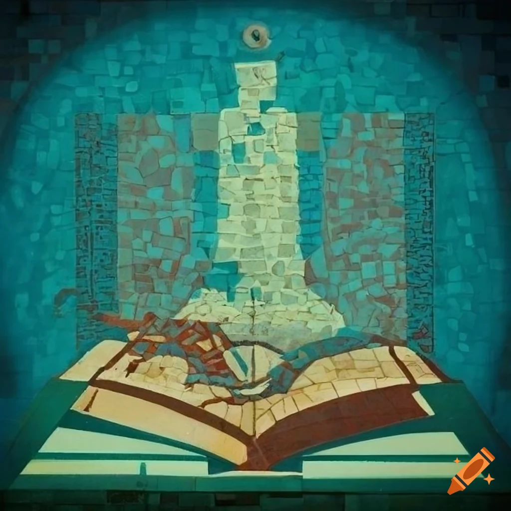 Stylized mosaic of Soviet unity with an open book on a lectern and light green and light blue fumes around