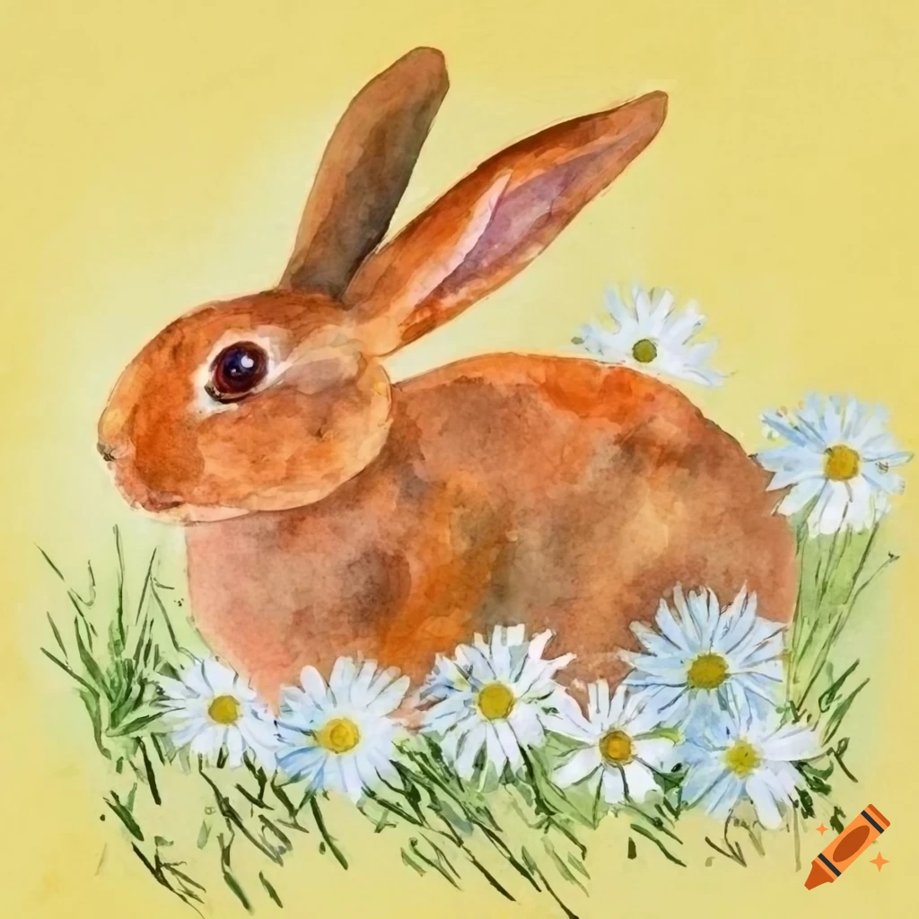 Orange rabbit on grass surrounded by white flowers on a pastel yellow ...