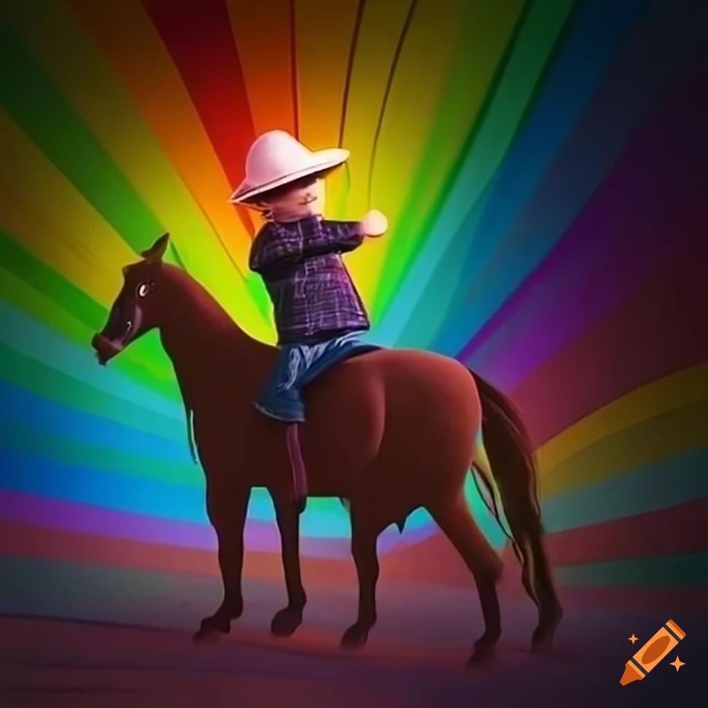 Colorful cowboy riding a horse saying 'howdy' in a child's drawing