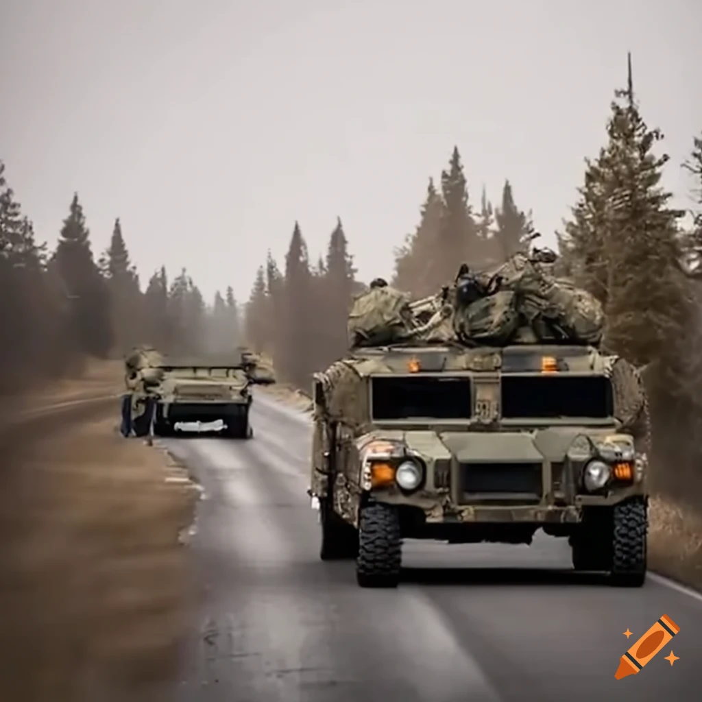 Military convoy with Humvees, tanks, and IFVs