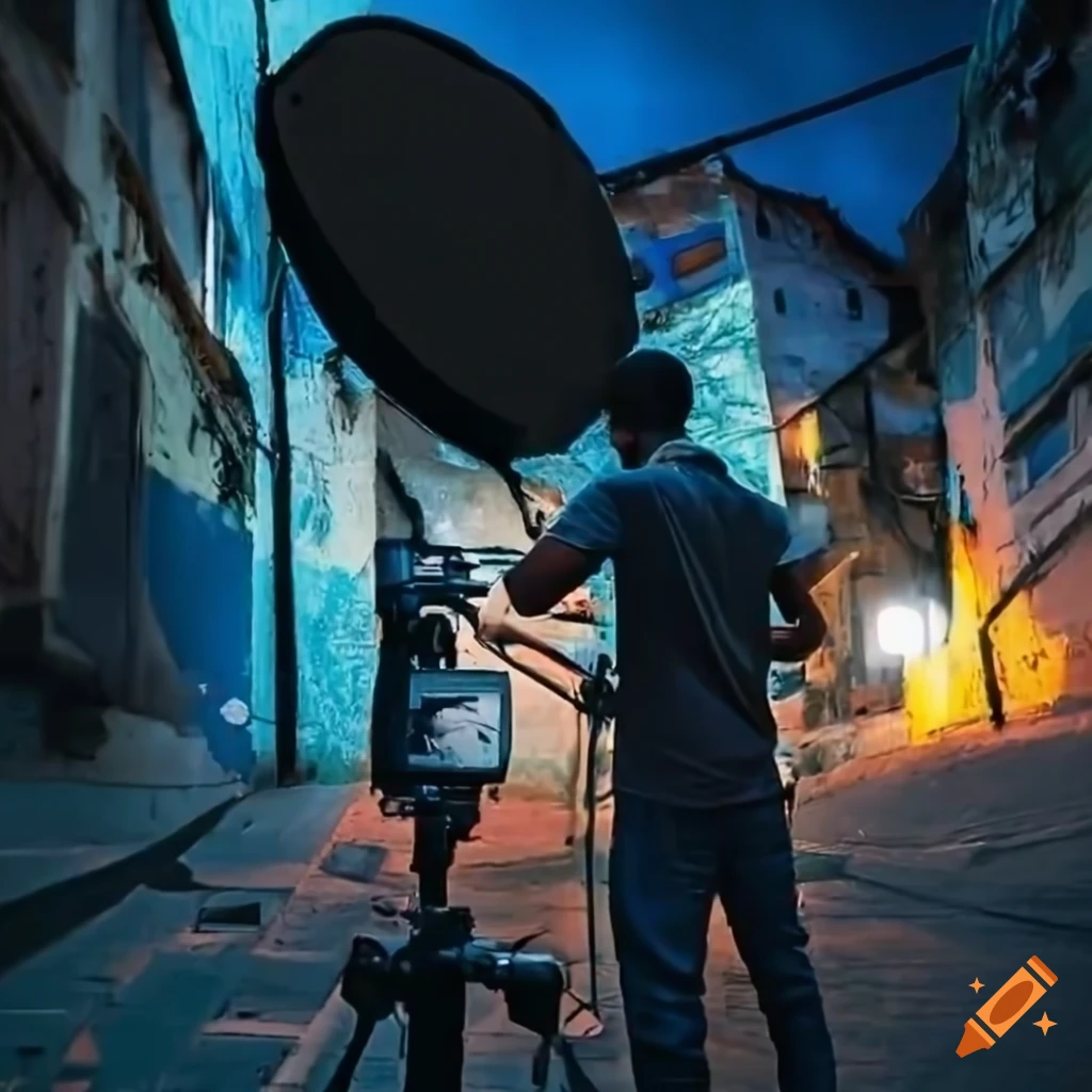Cinematographer setting up a reflector in a colorful Rio de Janeiro favela