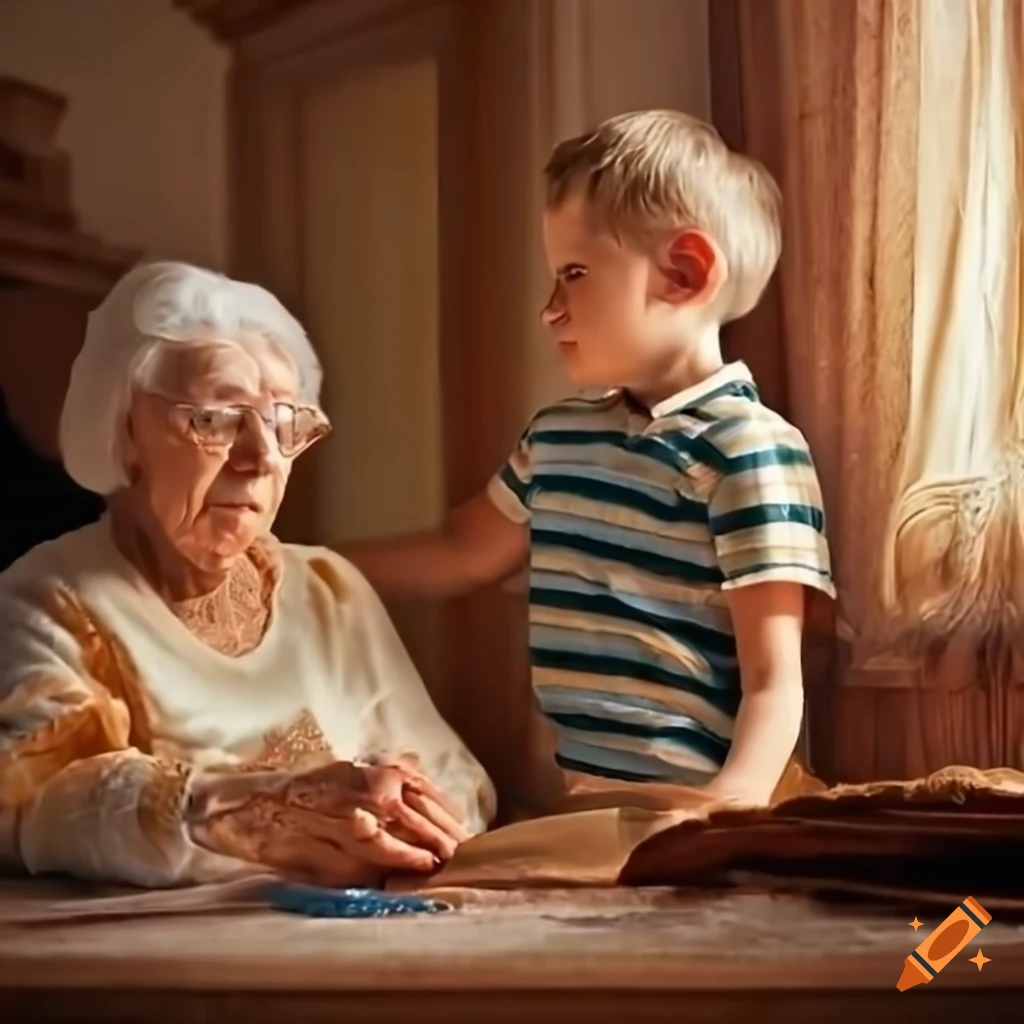 Grandson visiting his grandmother at a classical house