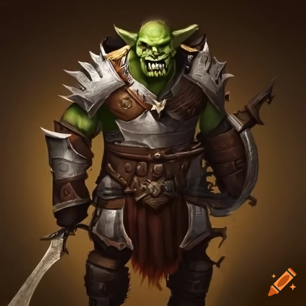 Male Orc in imposing armor with a massive axe and crossbow integrated