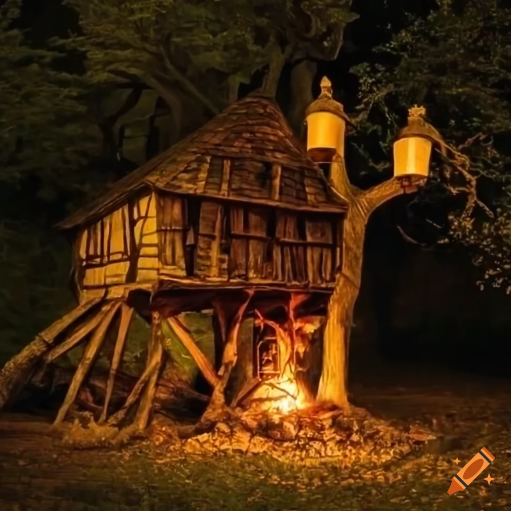 Detailed oak tree house with bonfire and lanterns in a medieval village at night