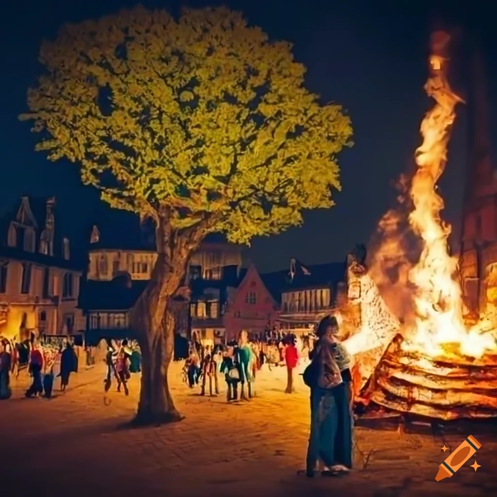 Lime tree with dancing people at night in a medieval market place painted in botanical style