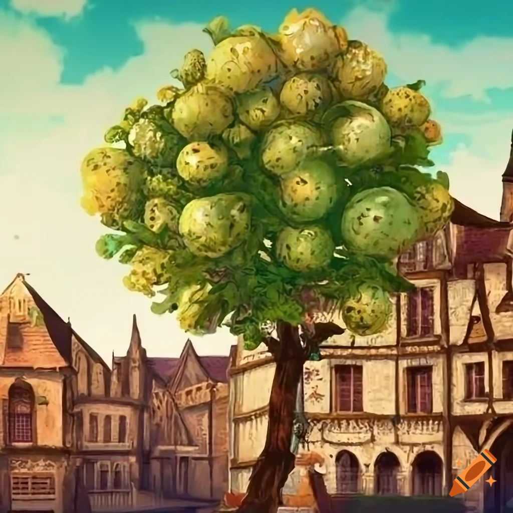 Highly detailed lime tree in bloom on a medieval market place in botanical medieval style