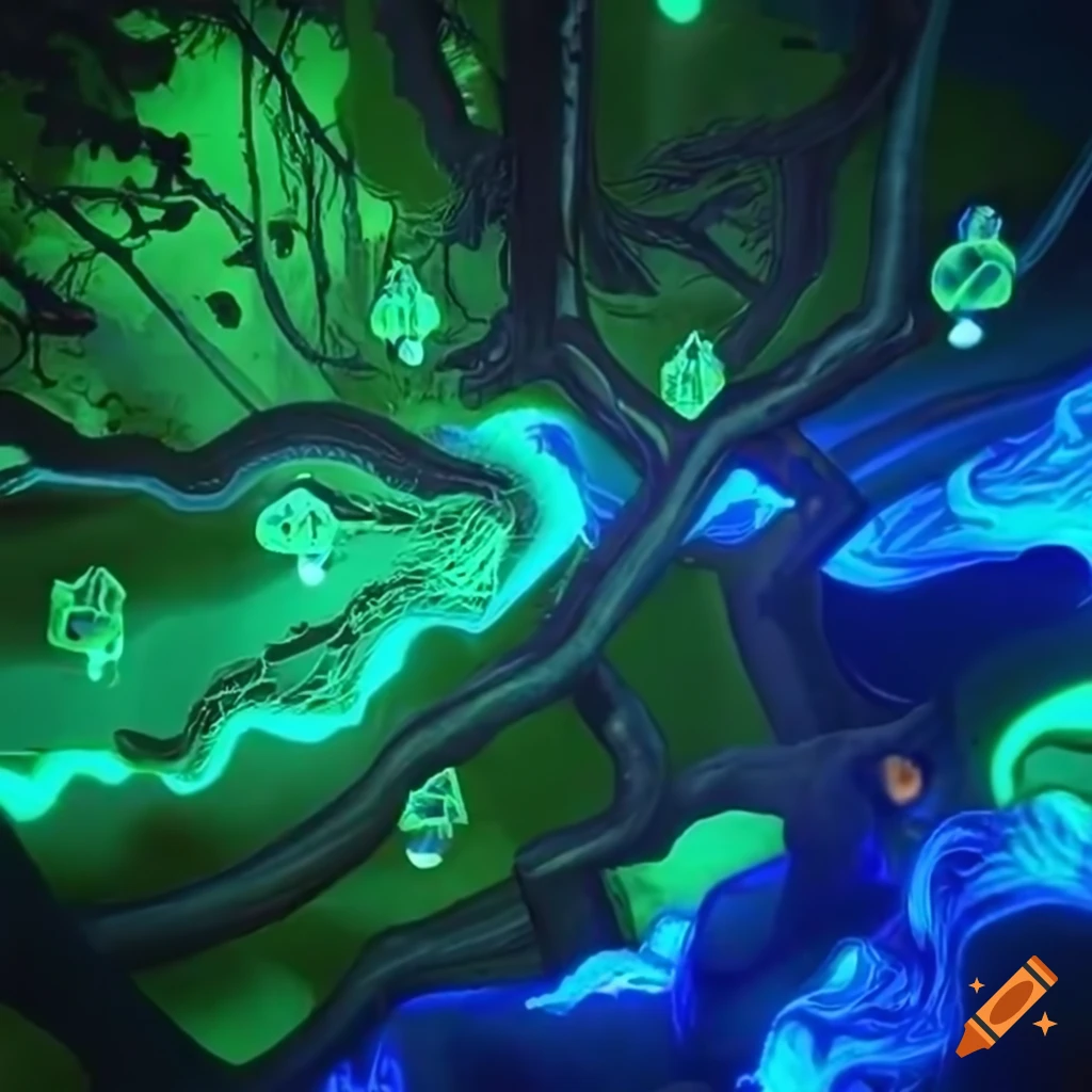 Surreal forest where nature and technology merge with bioluminescent trees
