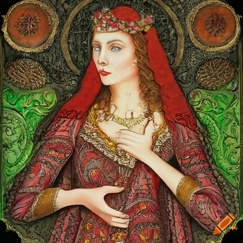 Colorful portrait of a nettle goddess in a mystic medieval style