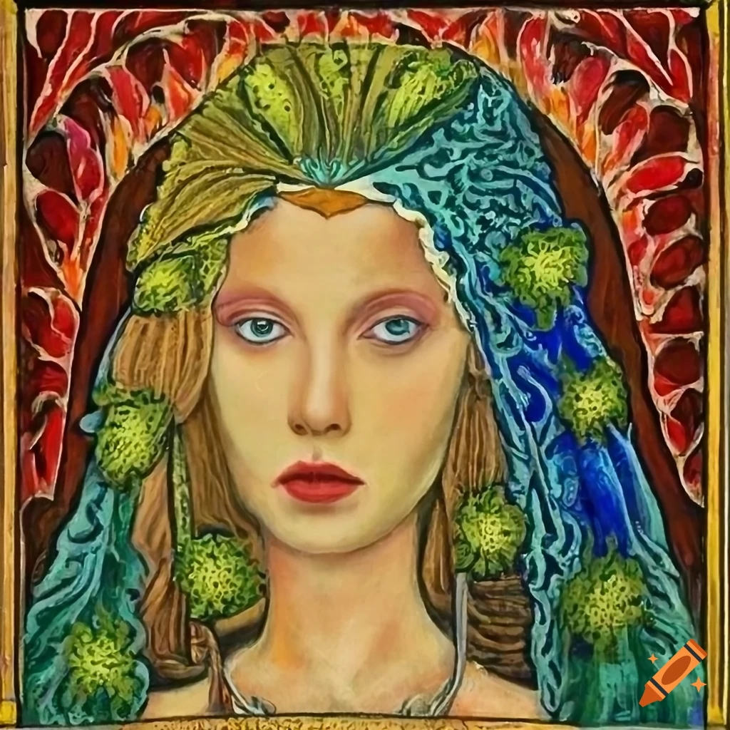 Colorful portrait of a nettle goddess in a mystic medieval style