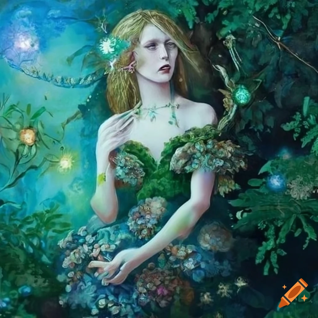 Ethereal painting of a mythical nettle goddess with vibrant flora