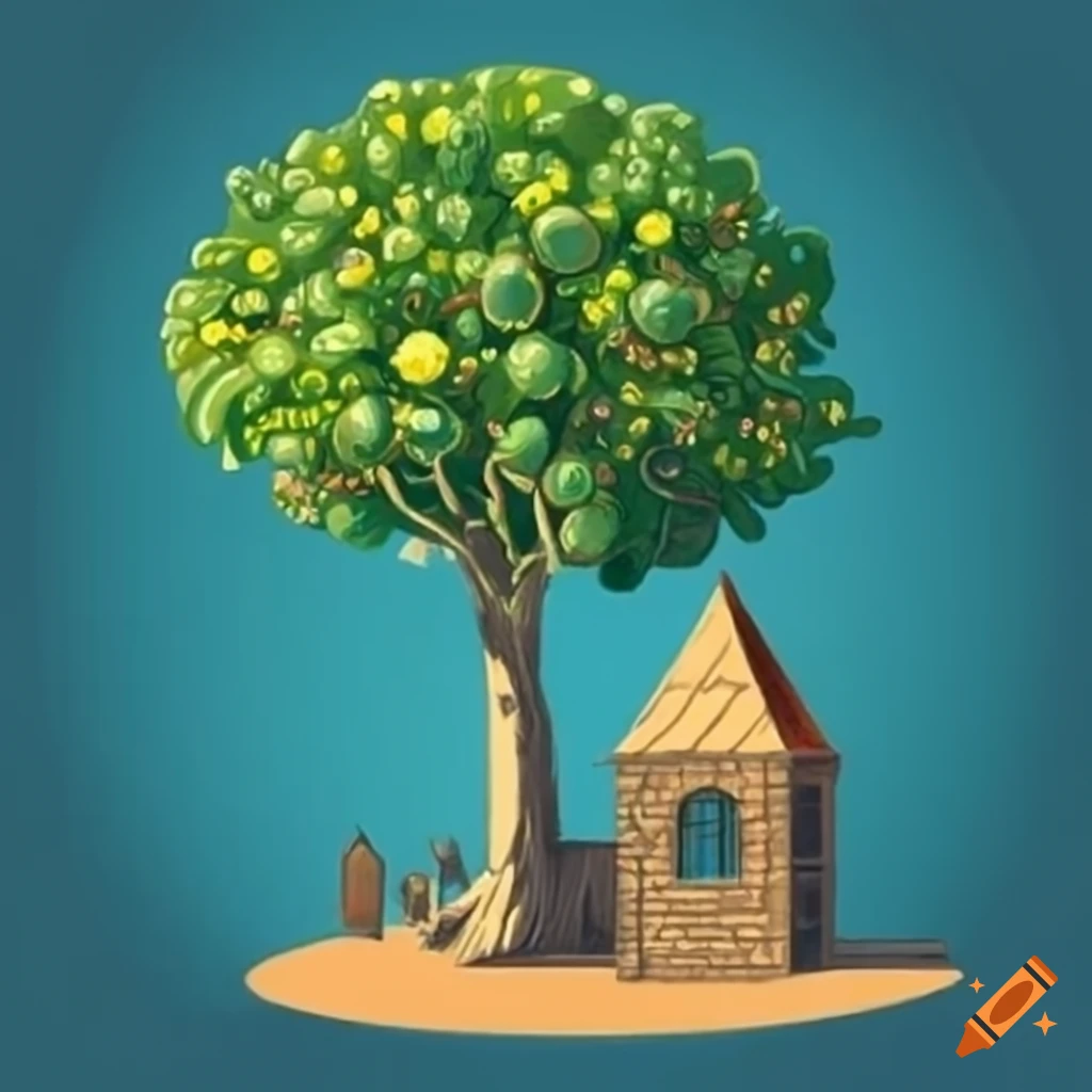 Highly detailed lime tree on medieval market in botanical medieval style