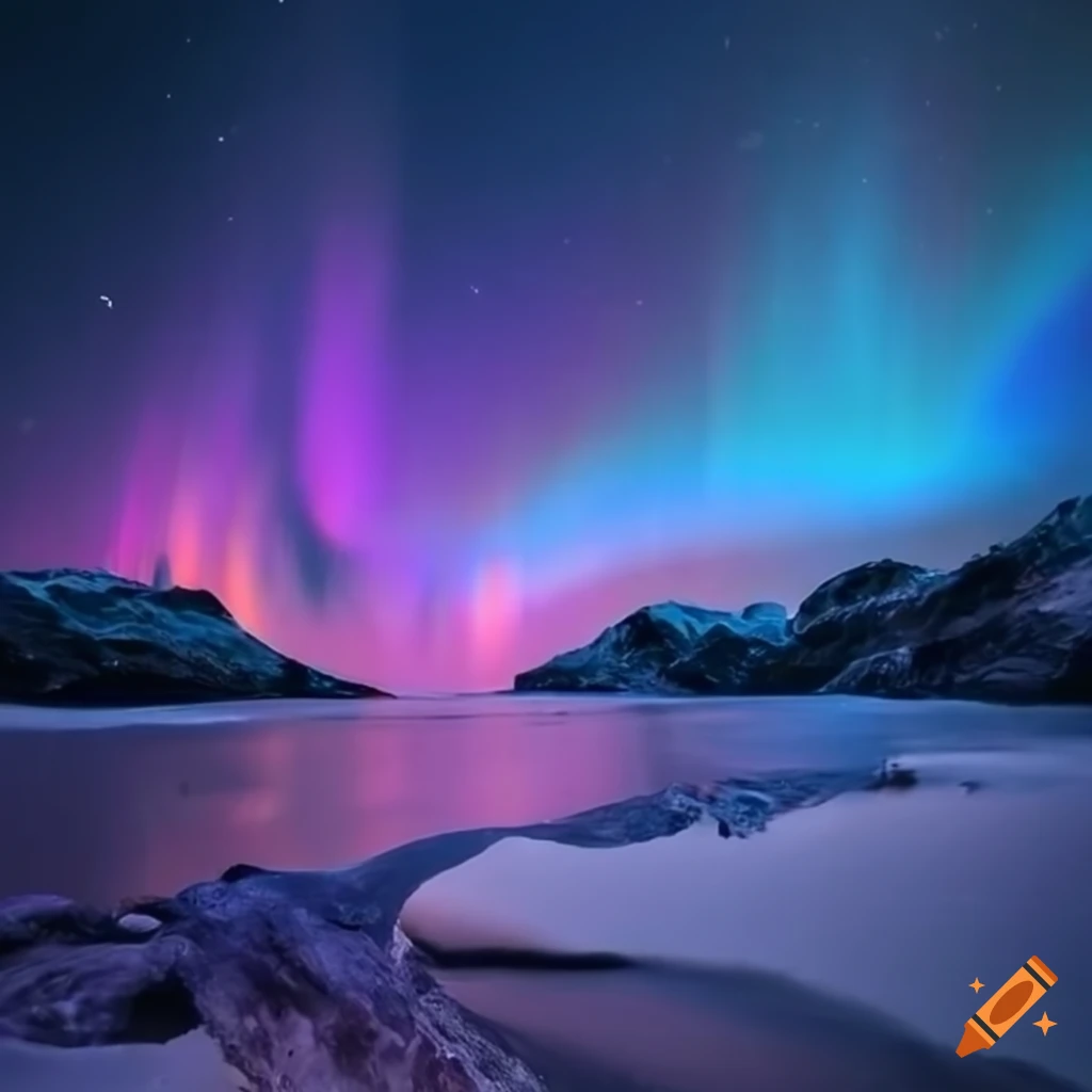 Aurora island in blue and pink colors with crystal clear waters