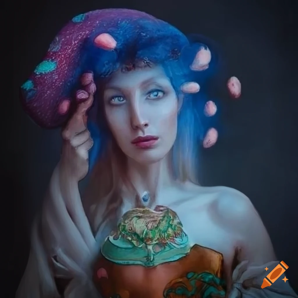 Colorful mystic mushroom goddess in medieval book style