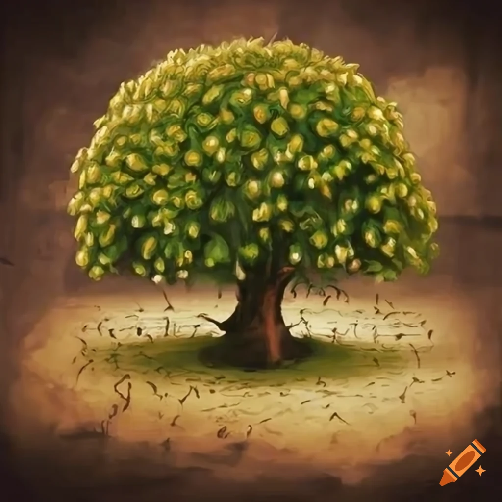Lime tree and people dancing in a botanical medieval style market place