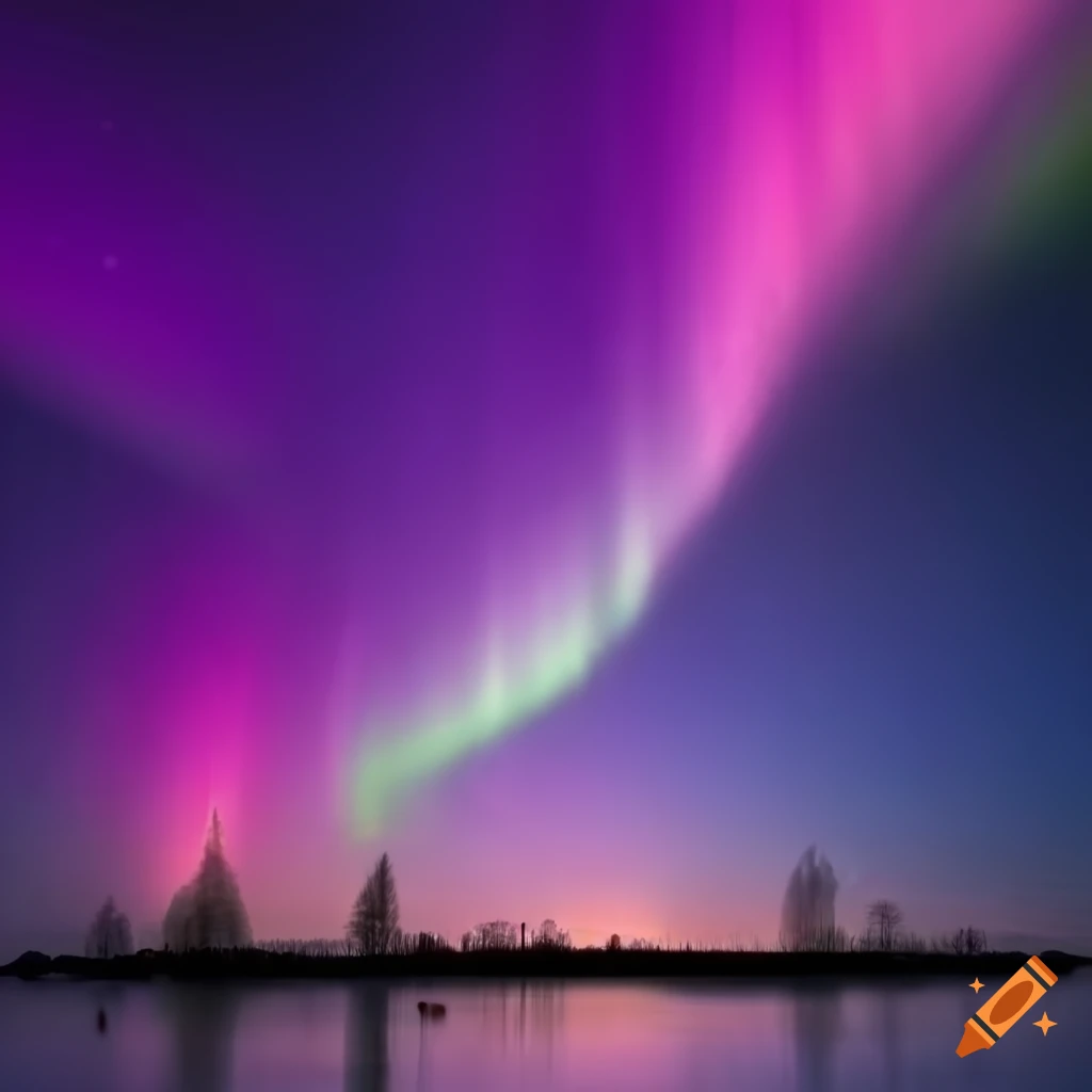 Pink and purple aurora with ducks