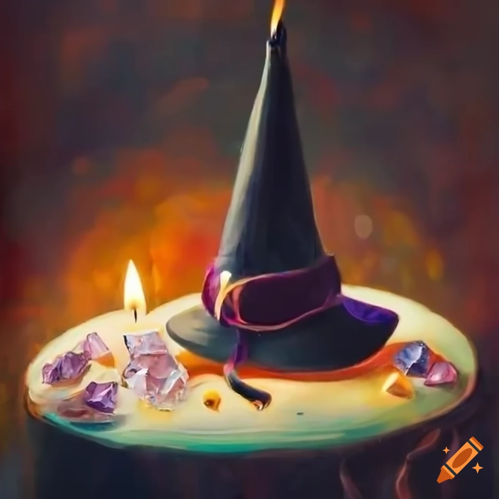 Candle with crystals and witch hat in logo design