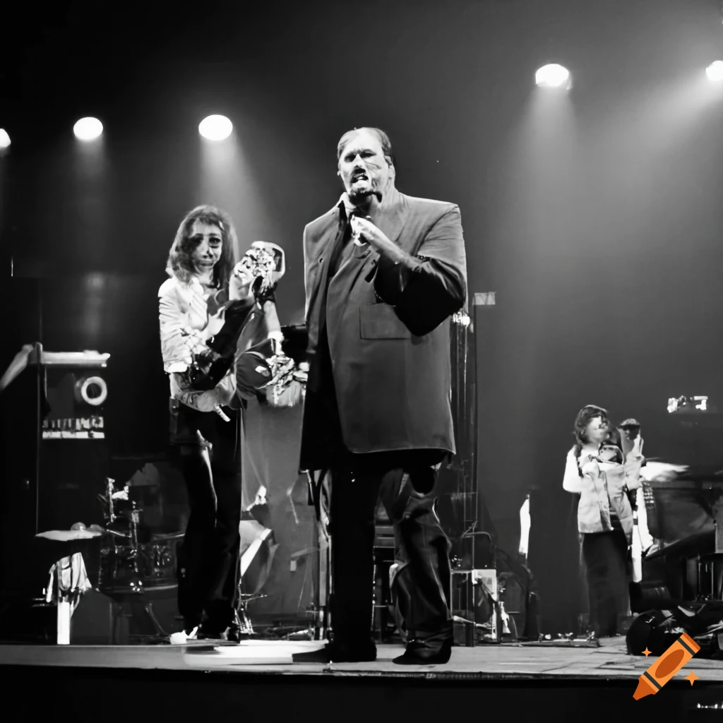 Mafia boss Tony Soprano performing at a 1980s glam rock concert