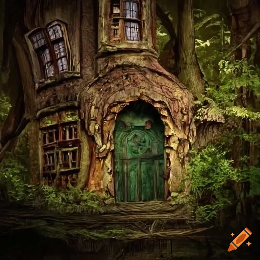 Ancient high detailed tree houses in botanical medieval style on enchanted background