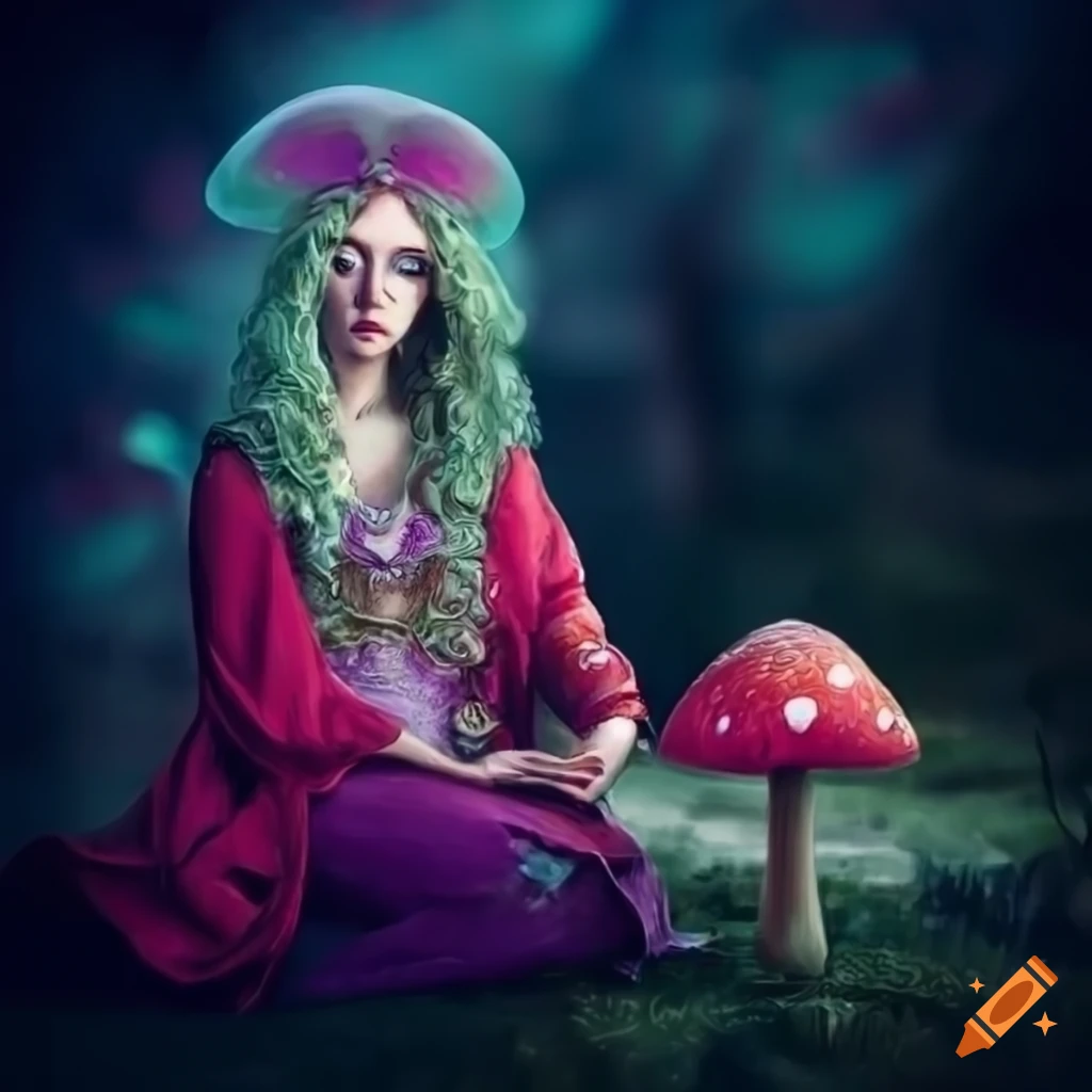 Colorful mystic magic mushroom goddess illustration in medieval book style