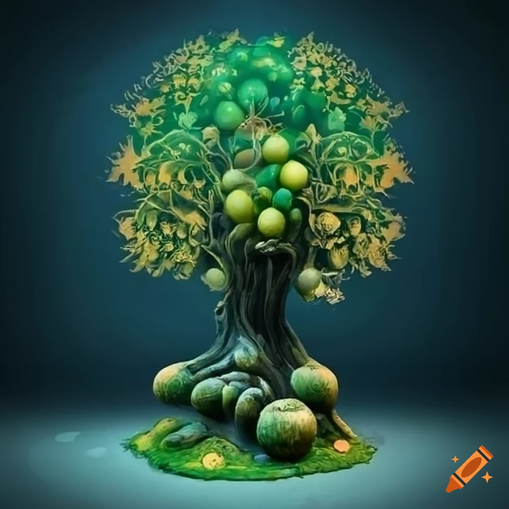 Enchanted lime tree in a medieval village square painted in botanical style