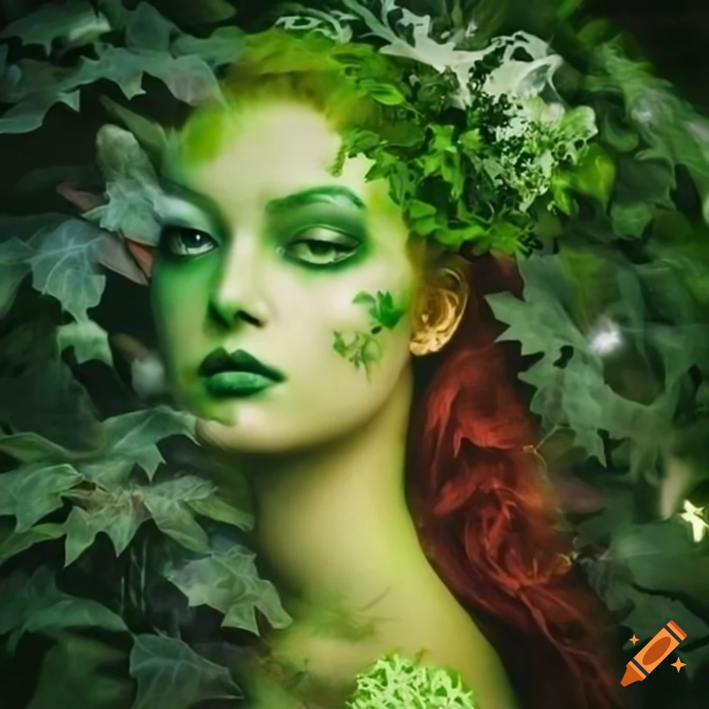 Painting of a mythical poison ivy goddess surrounded by vibrant flora