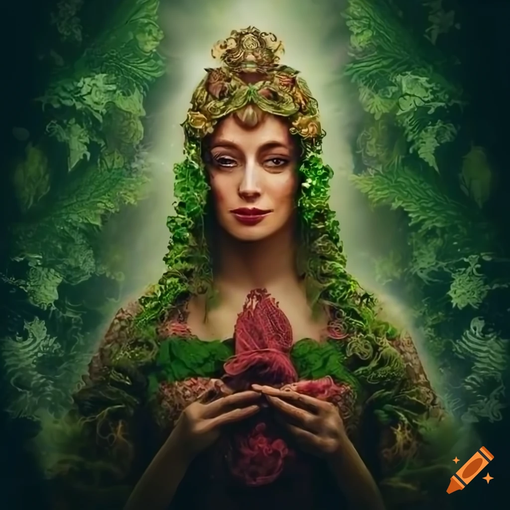 Colorful nettle goddess painting in medieval style on nettle background