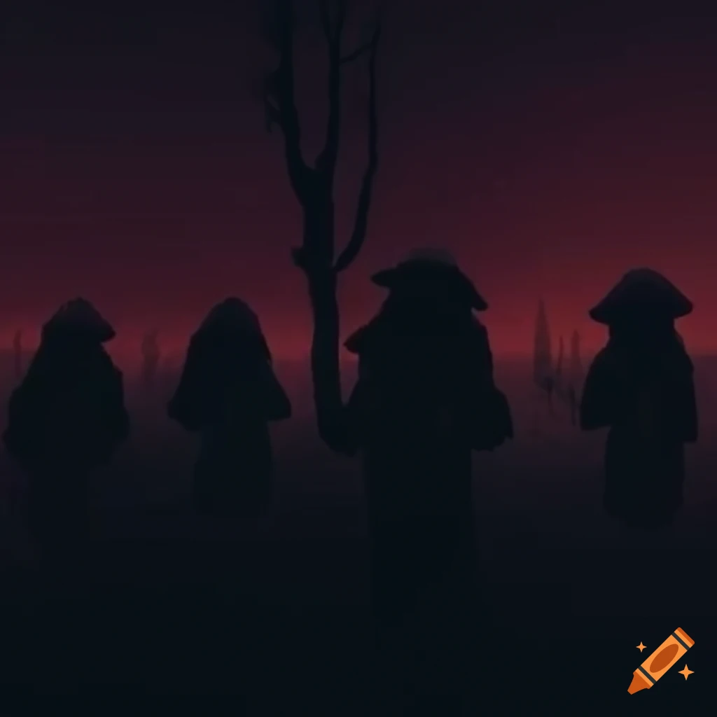 Group of hooded figures around ancient symbol in ominous setting