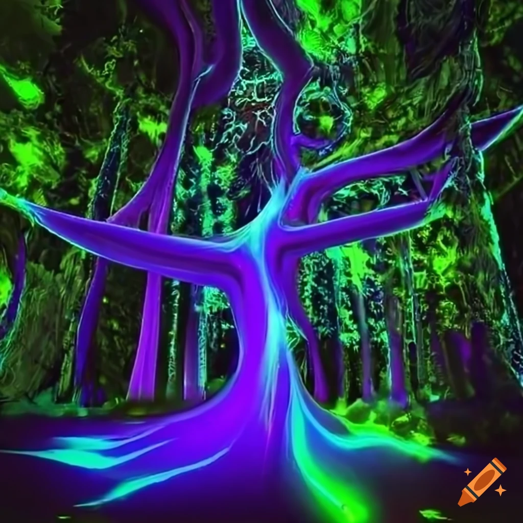 Biopunk paradise with surreal forest merging nature and technology