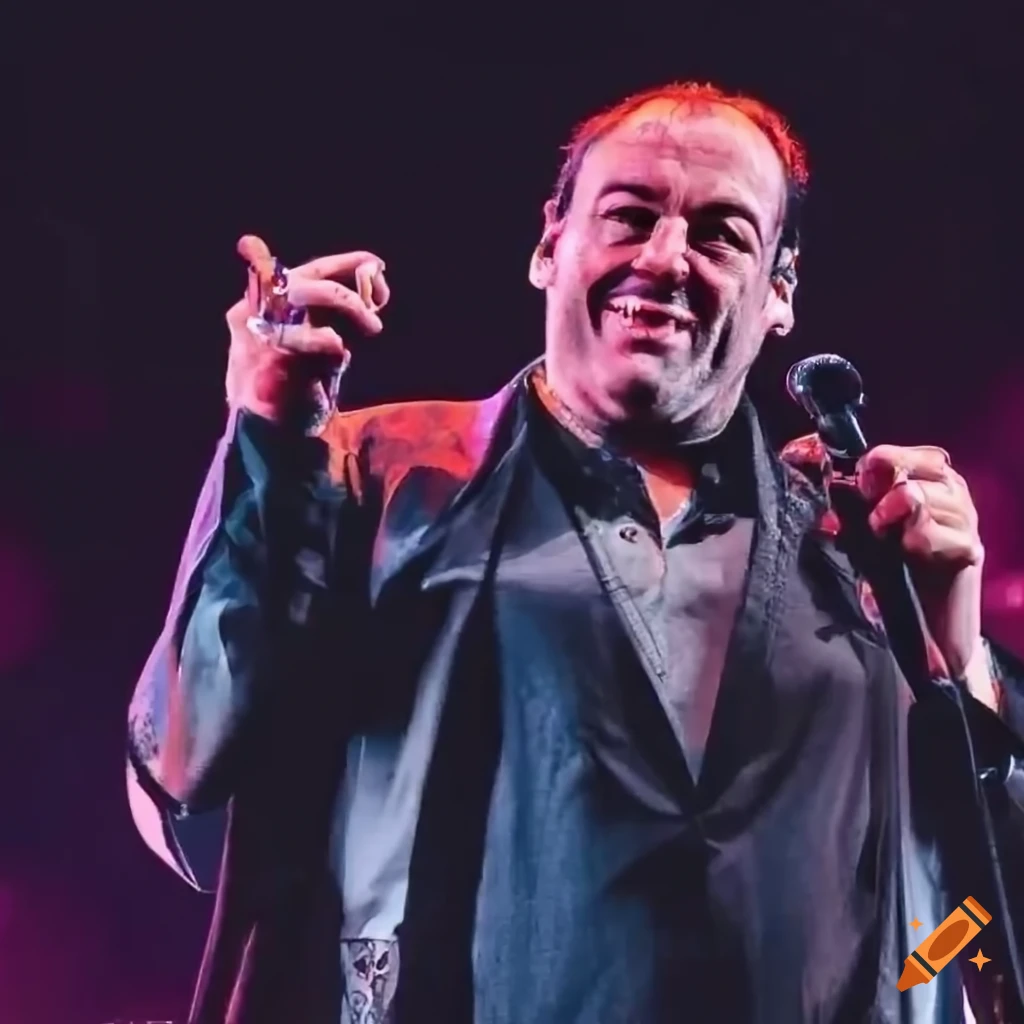 Tony Soprano singing in an 80s rock band with pyrotechnics on stage