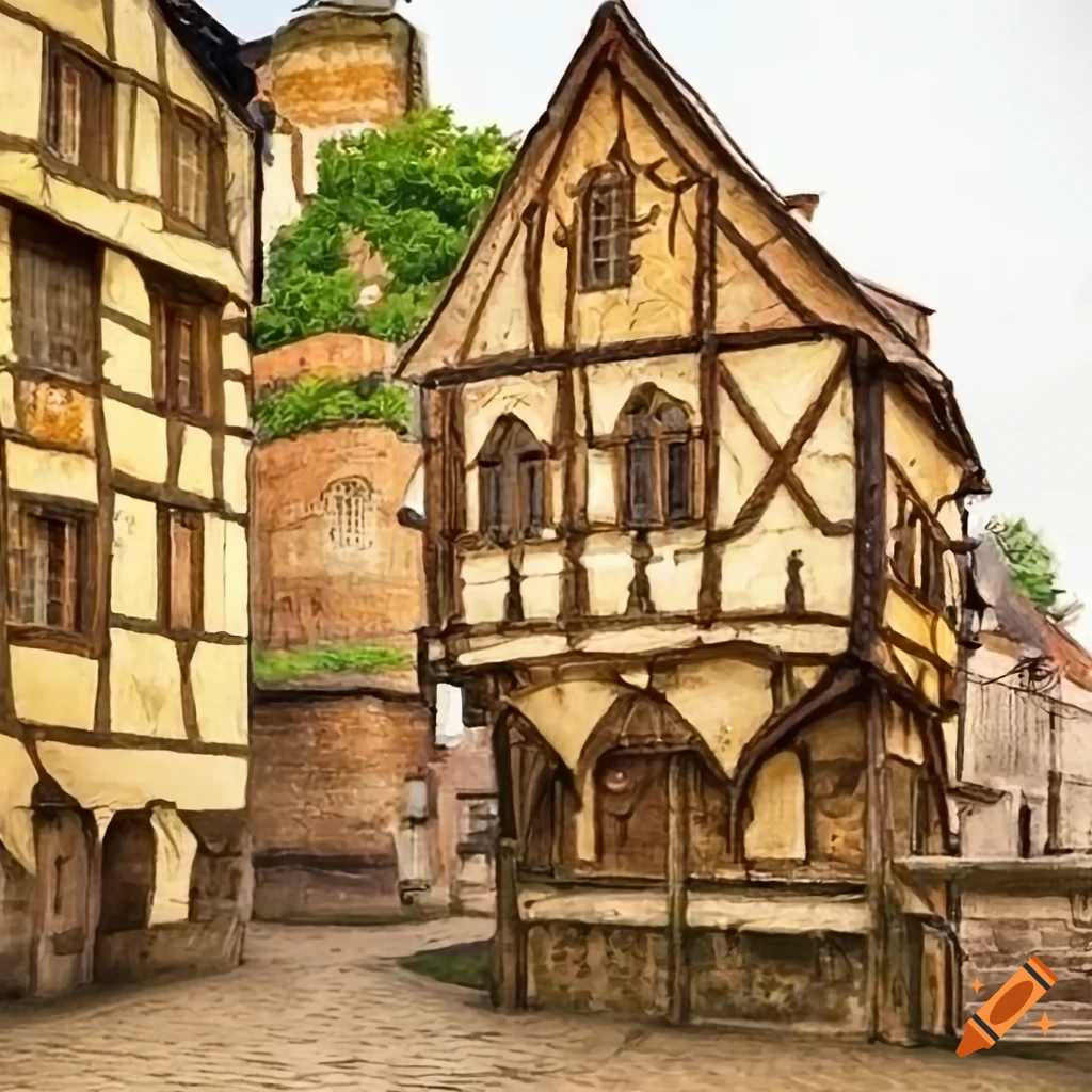 Full blossom lime tree on medieval market in botanical medieval style