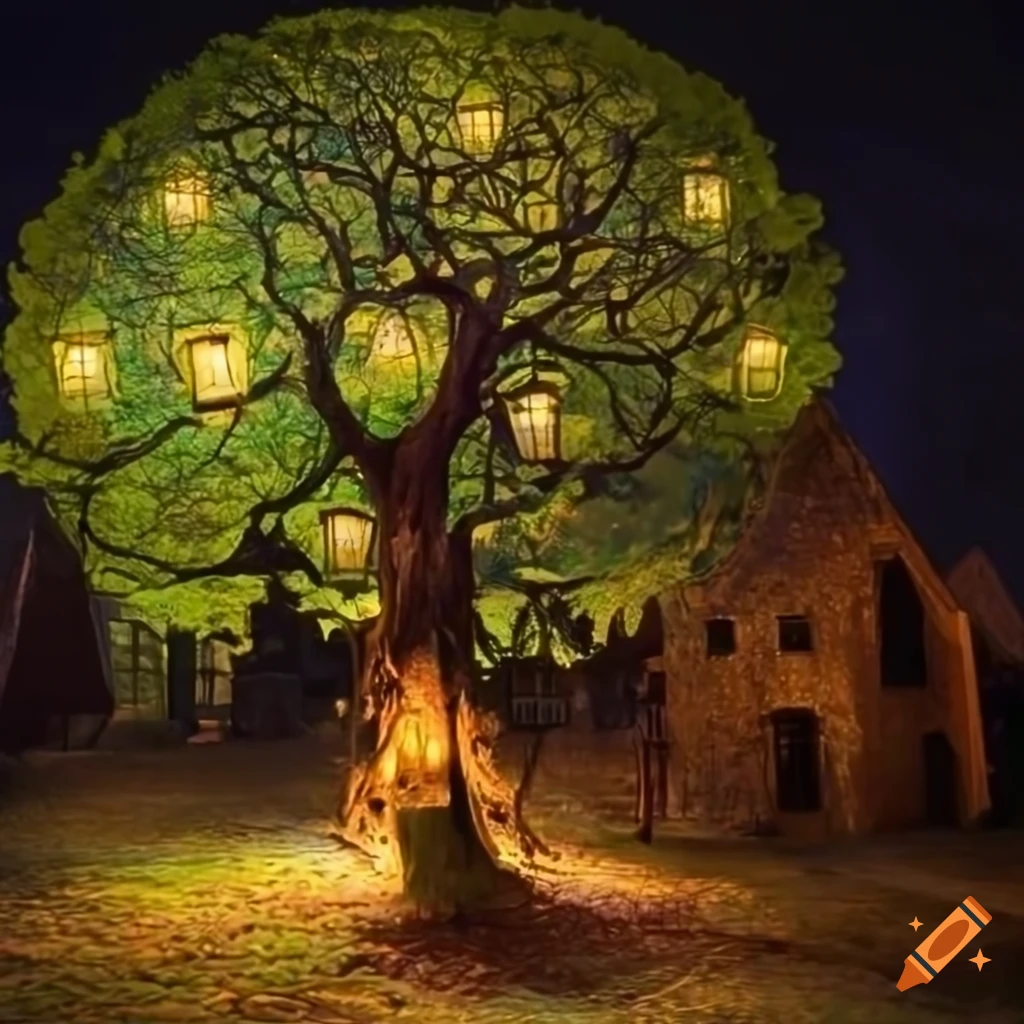 Enchanted lime tree in medieval village square illuminated by lanterns