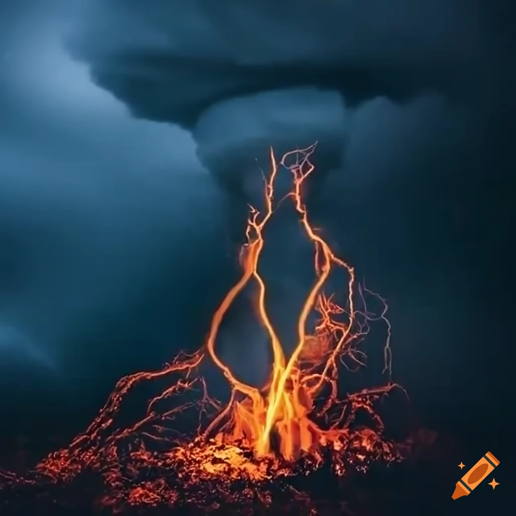 Dramatic moment of a burning tree struck by intense lightning in a storm