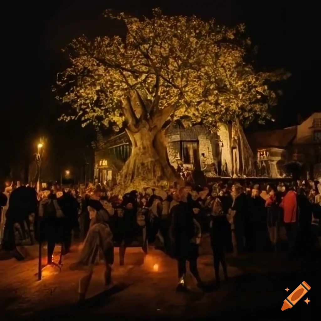 Detail of a lime tree with people dancing around a bonfire on medieval market place in botanical medieval style