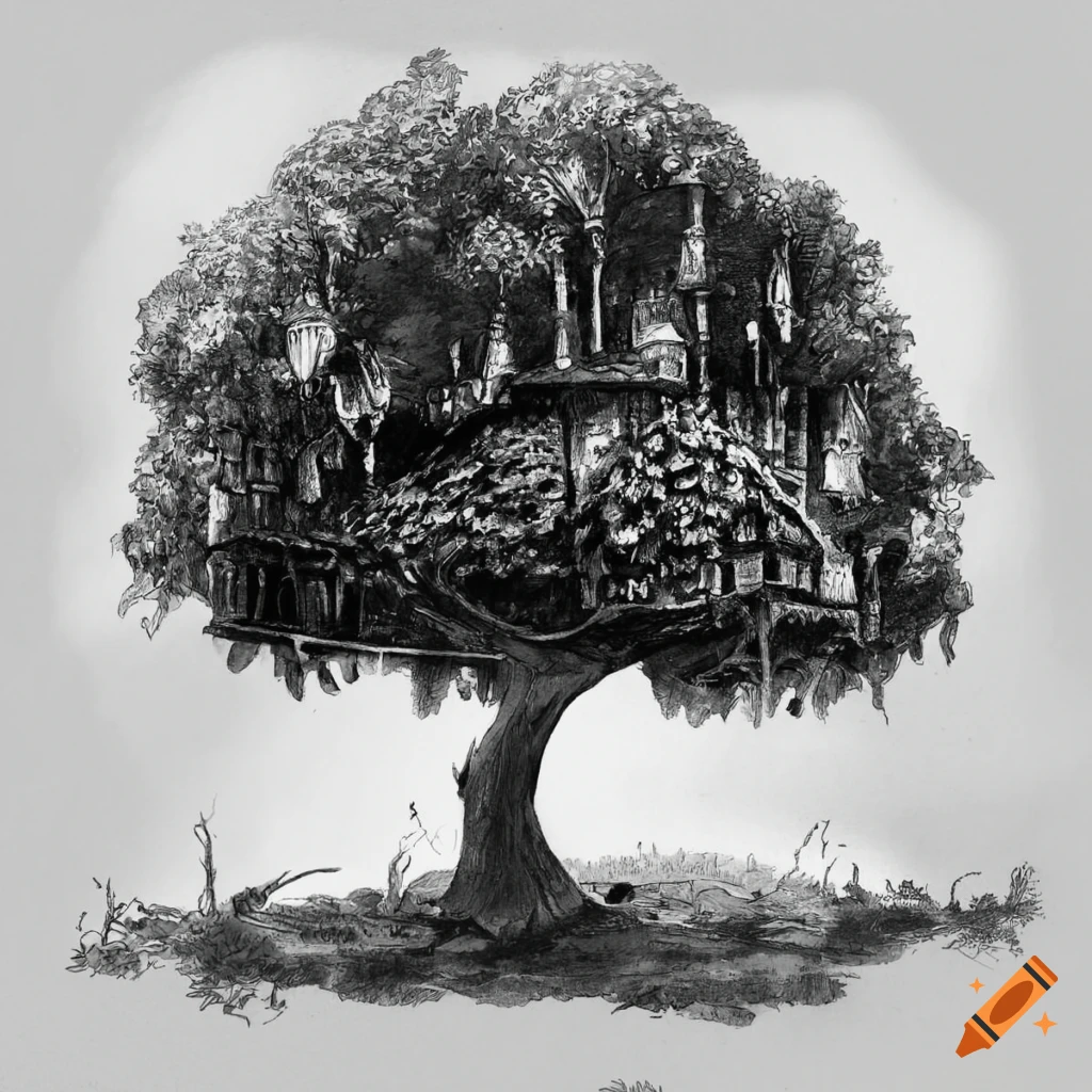 Detailed lime tree in a medieval village Thanksgiving celebration in botanical book style