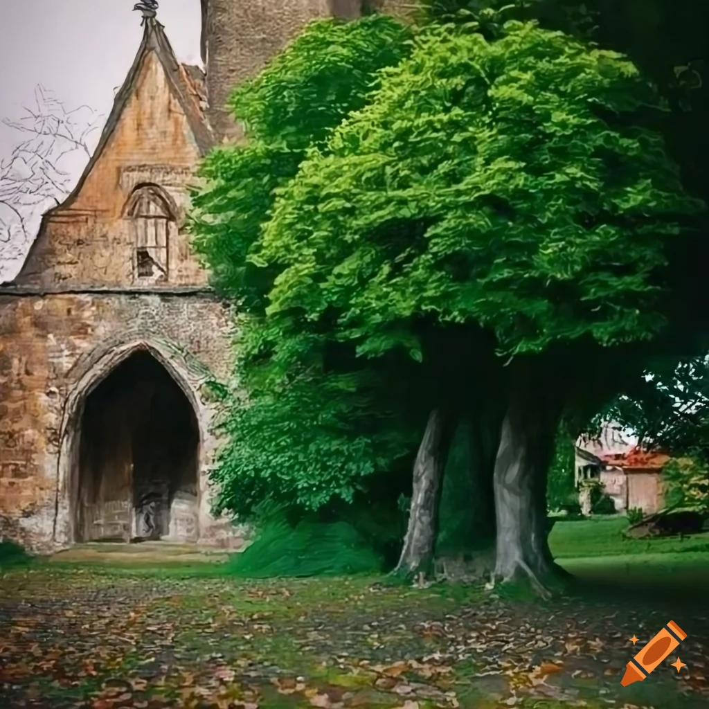 Highly detailed lime tree in a medieval village square celebrating Thanksgiving in botanical book style